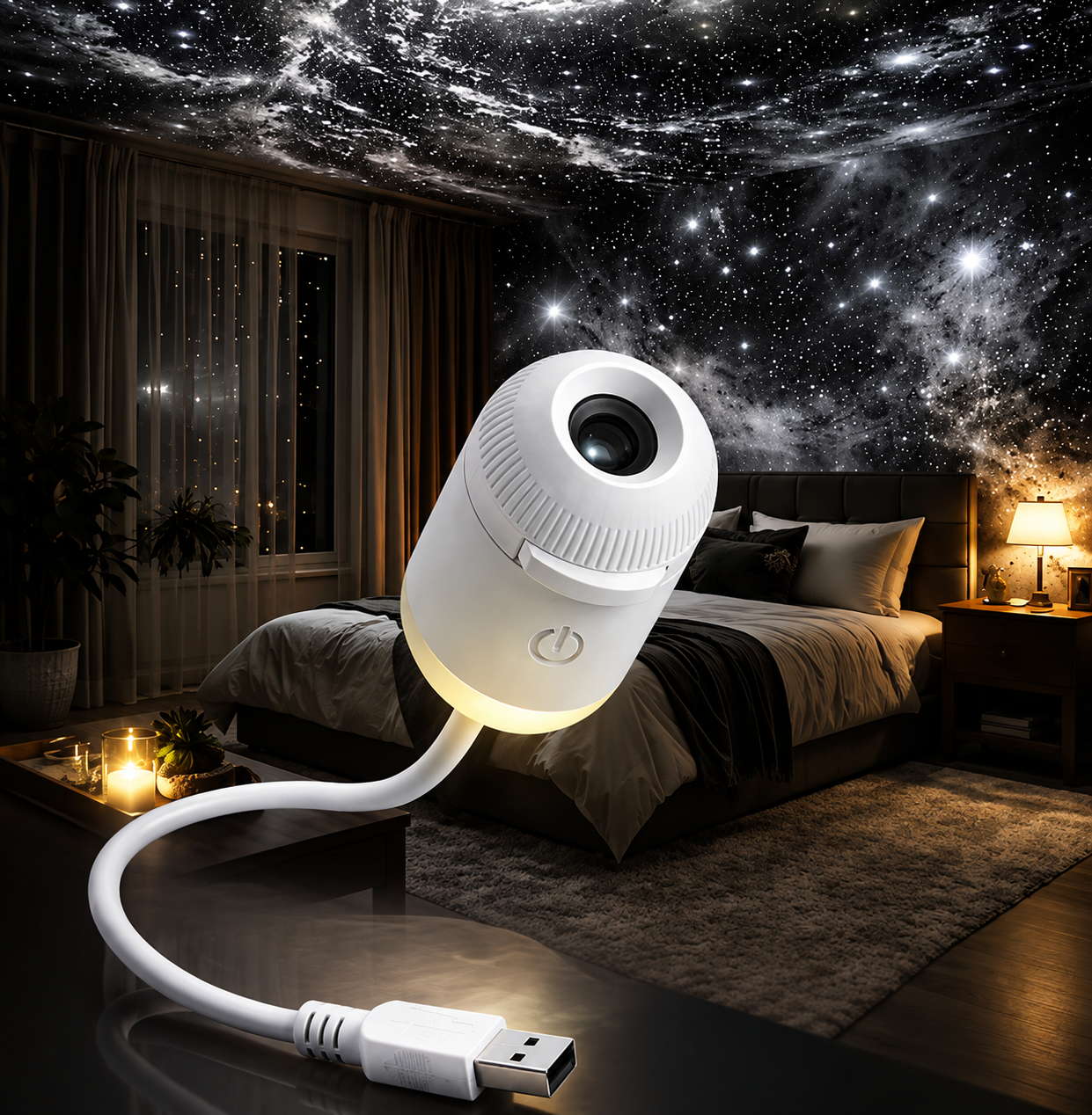 Aurora Galaxy Projector lighting up a bedroom ceiling with a detailed starfield