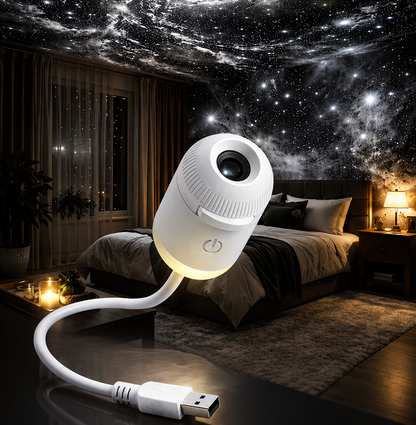 Aurora Galaxy Projector lighting up a bedroom ceiling with a detailed starfield